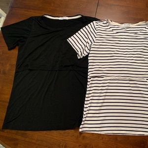 Nursing Maternity T-Shirts - 1 Black/1 Black and white stripe